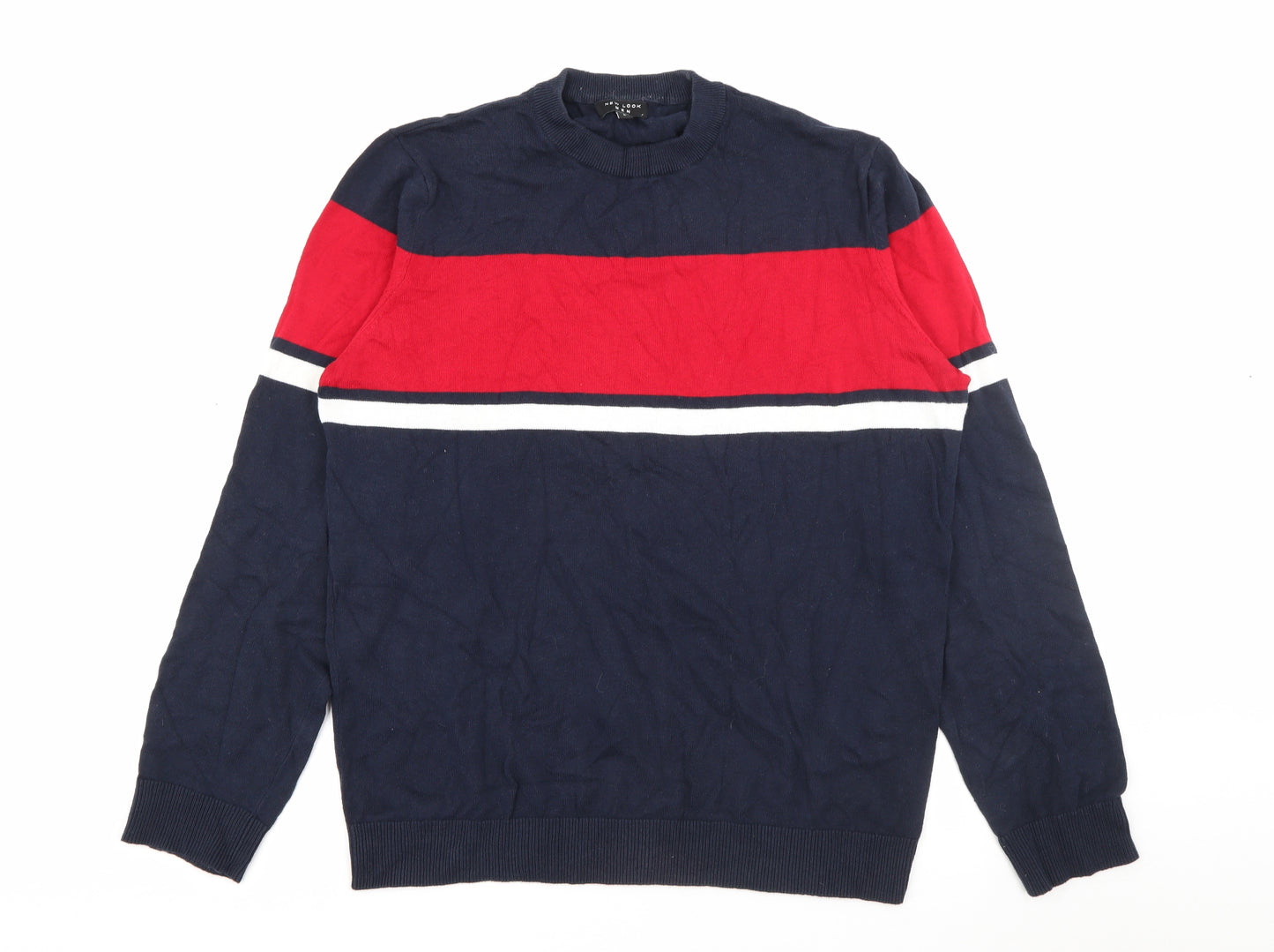 New Look Mens Blue Crew Neck Striped Cotton Pullover Jumper Size L