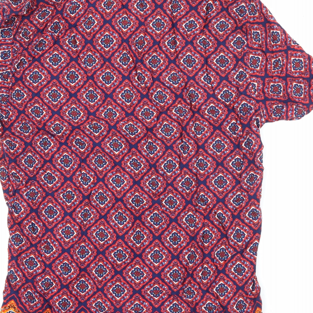 Primark Mens Red Geometric Viscose  Button-Up Size M Collared Button