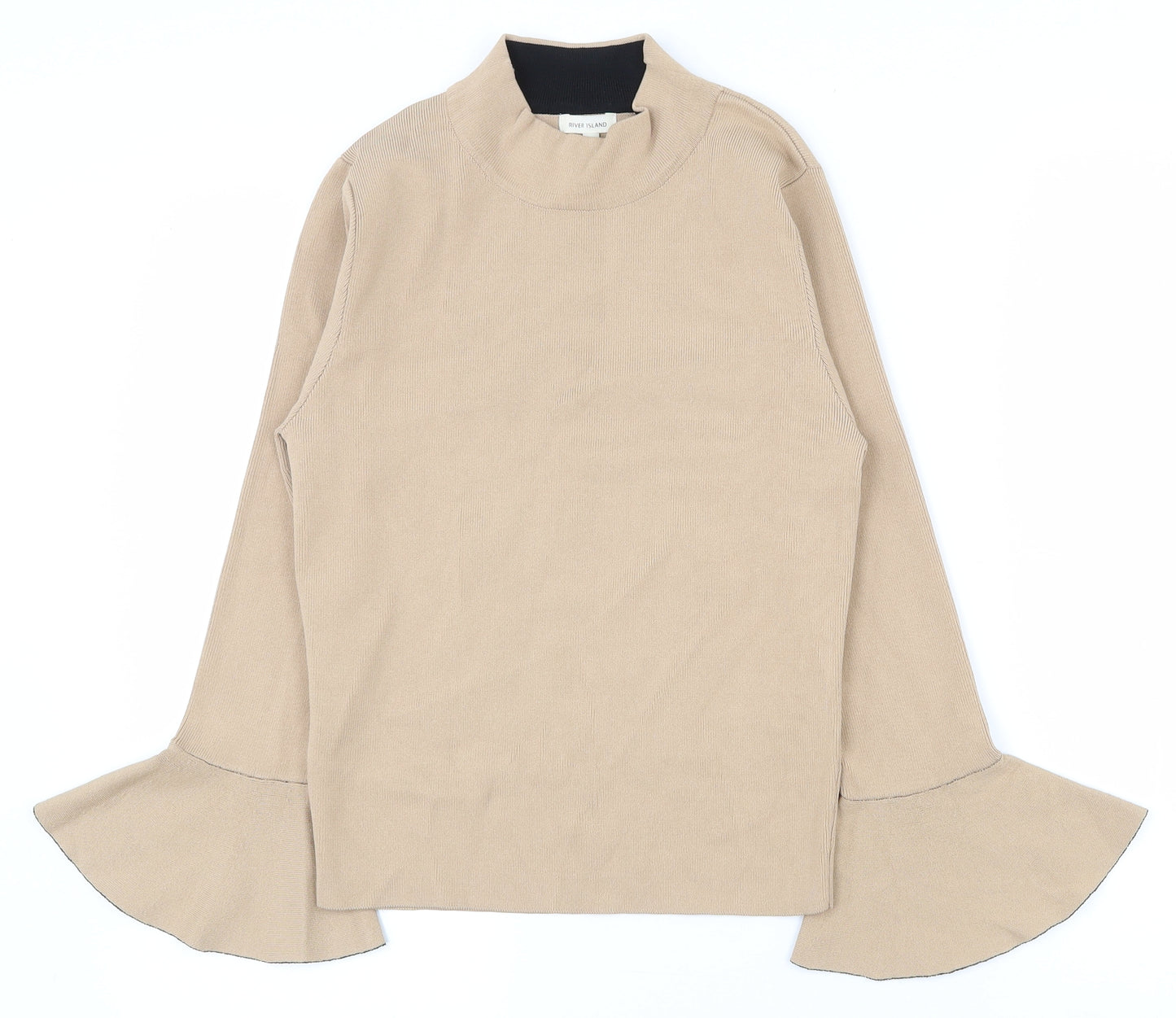 River Island Womens Beige  Viscose Basic T-Shirt Size 12 High Neck - Flared Sleeves