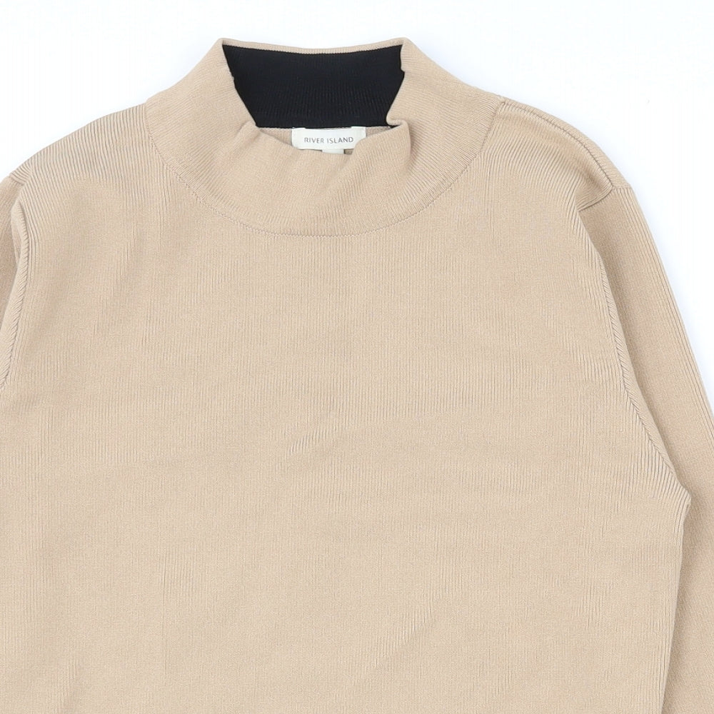 River Island Womens Beige  Viscose Basic T-Shirt Size 12 High Neck - Flared Sleeves