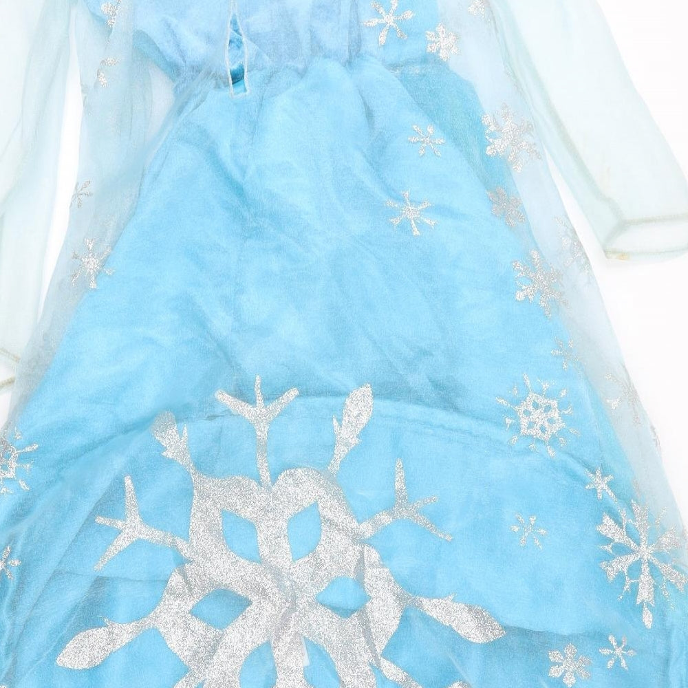 Disney Girls Blue  Polyester Fit & Flare  Size 5-6 Years  Round Neck Hook & Loop - Elsa Frozen fancy dress costume, Wire circle at hem
