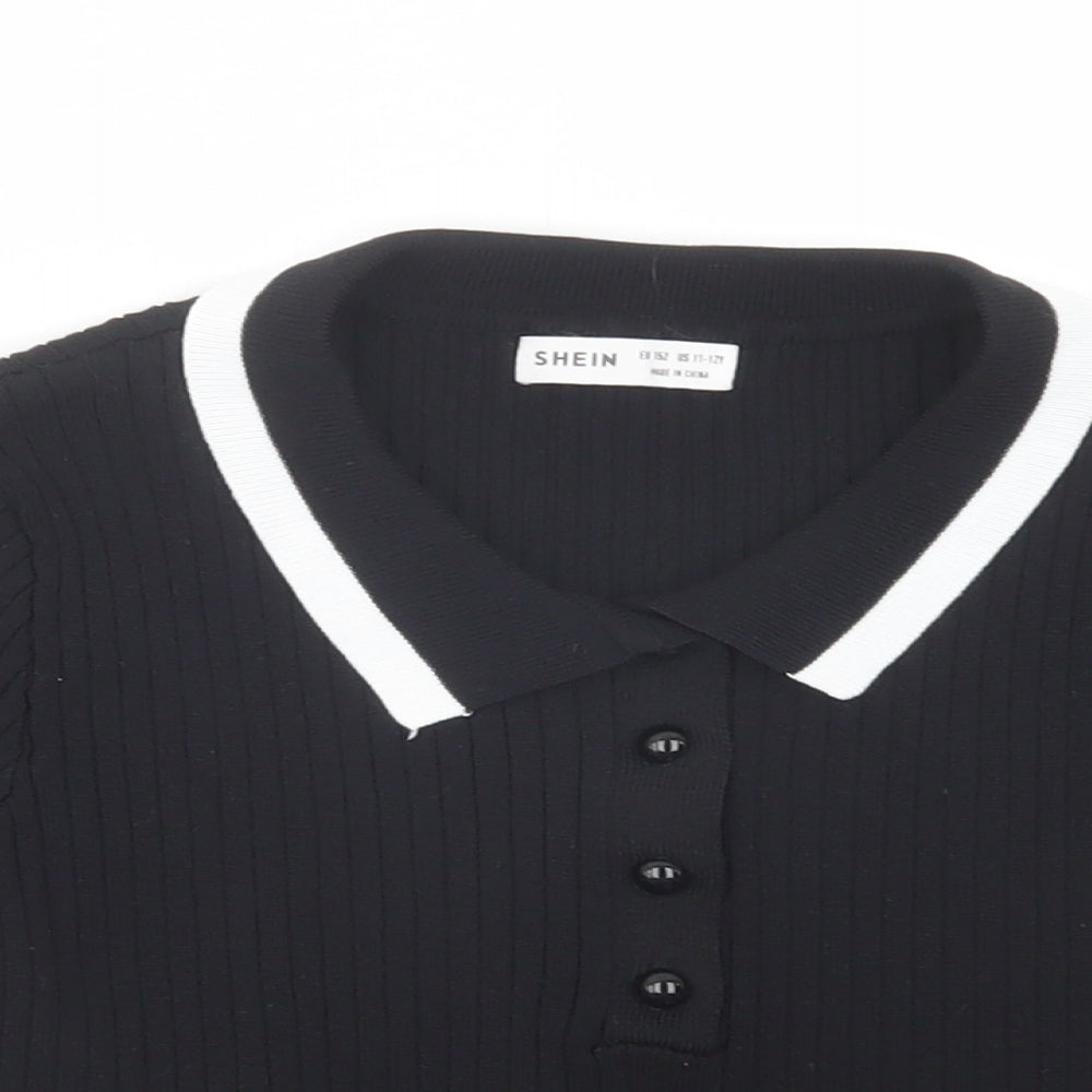 SheIn Girls Black Collared  Viscose Pullover Jumper Size 11-12 Years  Button