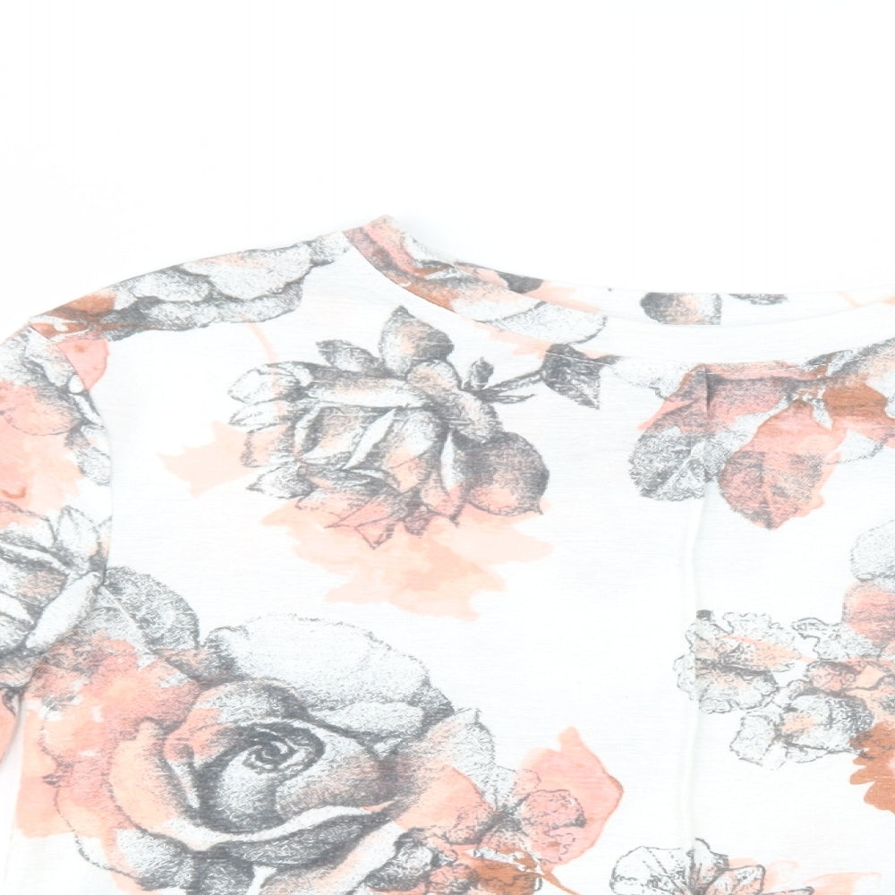 Marks and Spencer Womens White Floral Polyester Basic Blouse Size 8 Crew Neck