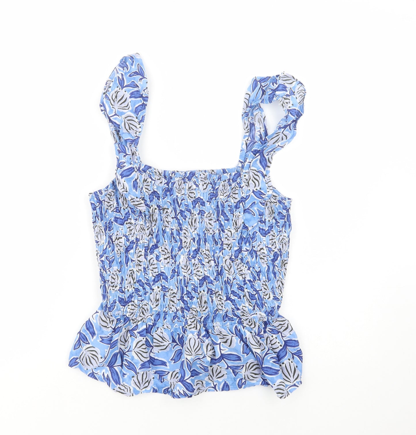 Nutmeg Womens Blue Floral Cotton Basic Blouse Size 14 Square Neck