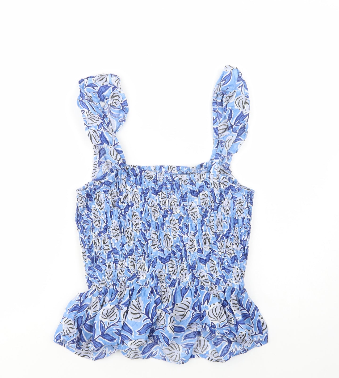 Nutmeg Womens Blue Floral Cotton Basic Blouse Size 14 Square Neck