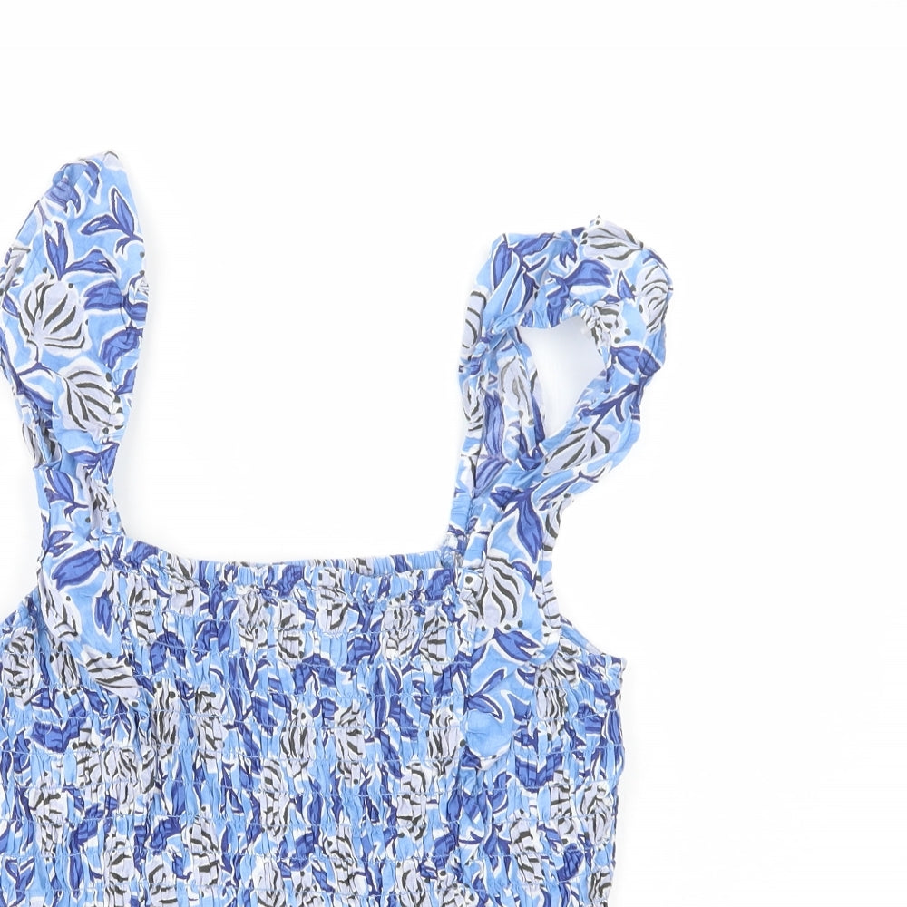 Nutmeg Womens Blue Floral Cotton Basic Blouse Size 14 Square Neck