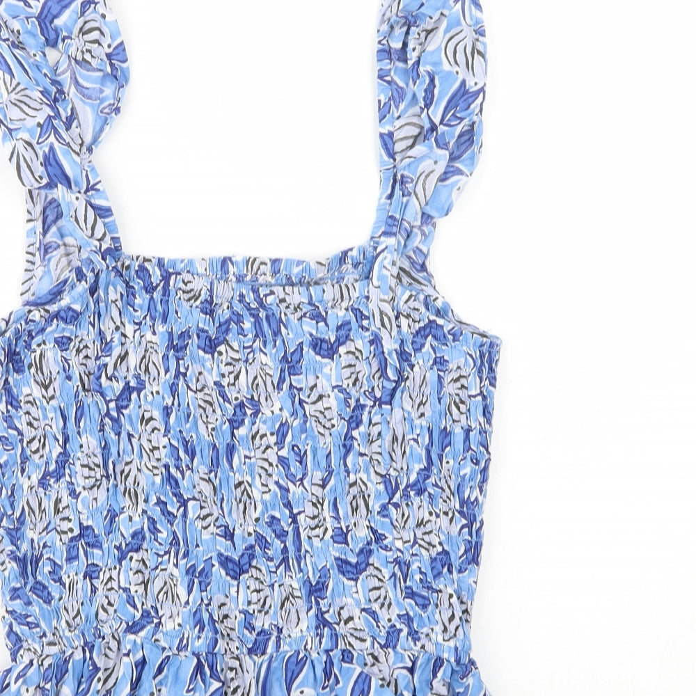 Nutmeg Womens Blue Floral Cotton Basic Blouse Size 14 Square Neck