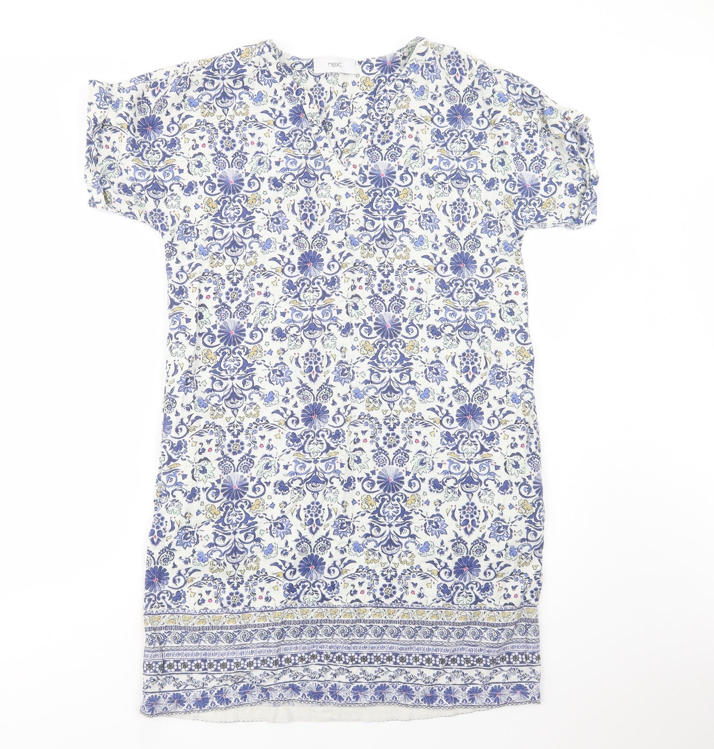 NEXT Womens White Floral Linen Shift  Size 12  V-Neck Pullover