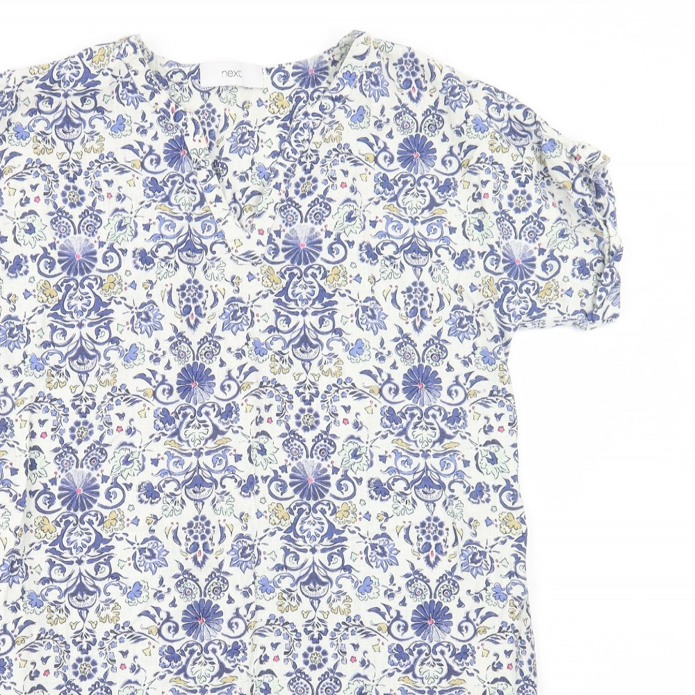 NEXT Womens White Floral Linen Shift  Size 12  V-Neck Pullover