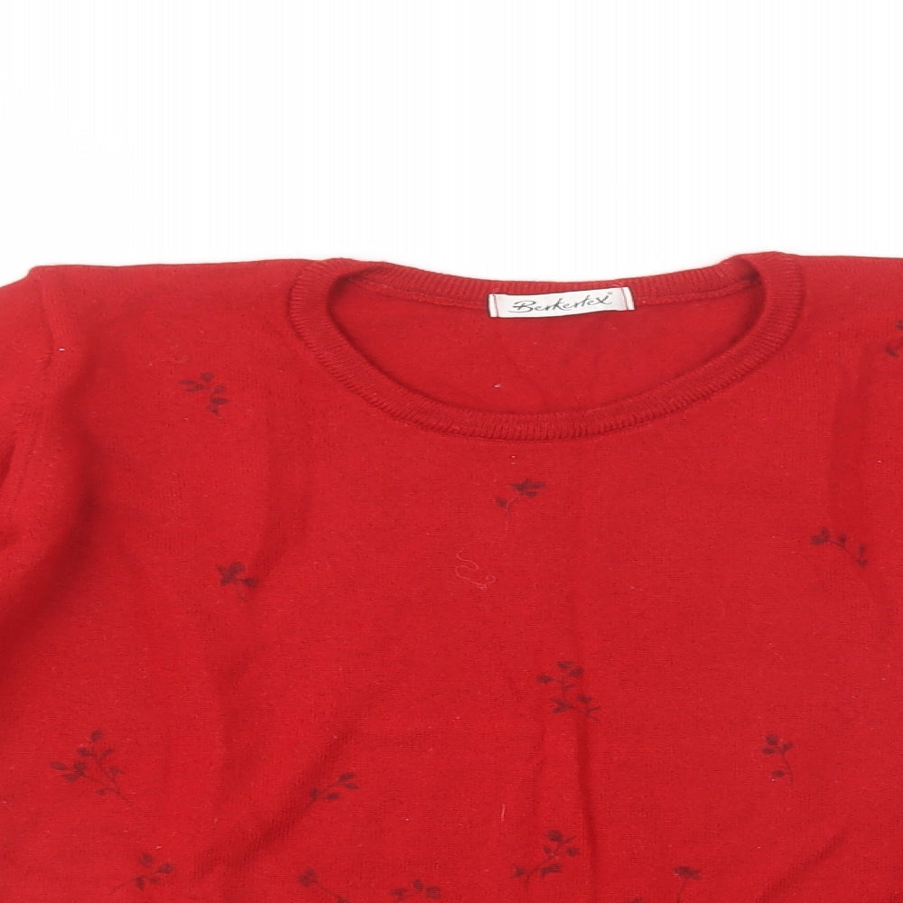 Berkertex Womens Red Crew Neck Floral Wool Pullover Jumper Size 12