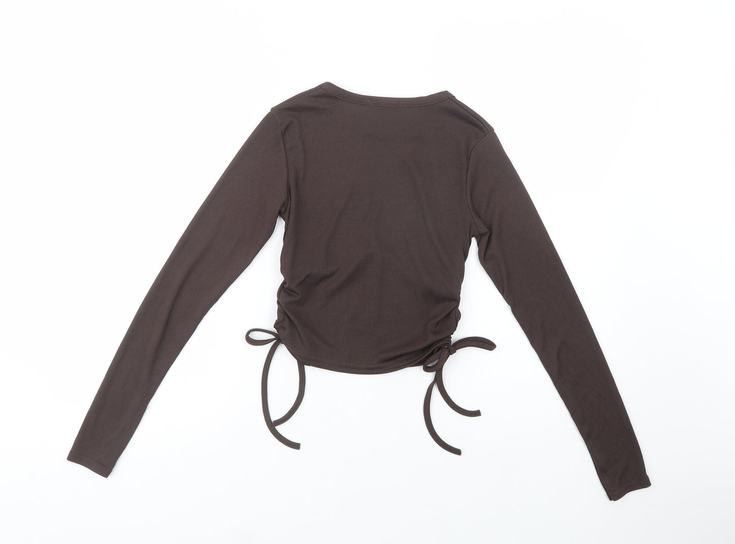 PRETTYLITTLETHING Womens Brown  Polyester Cropped Blouse Size 8 Crew Neck - Ruched