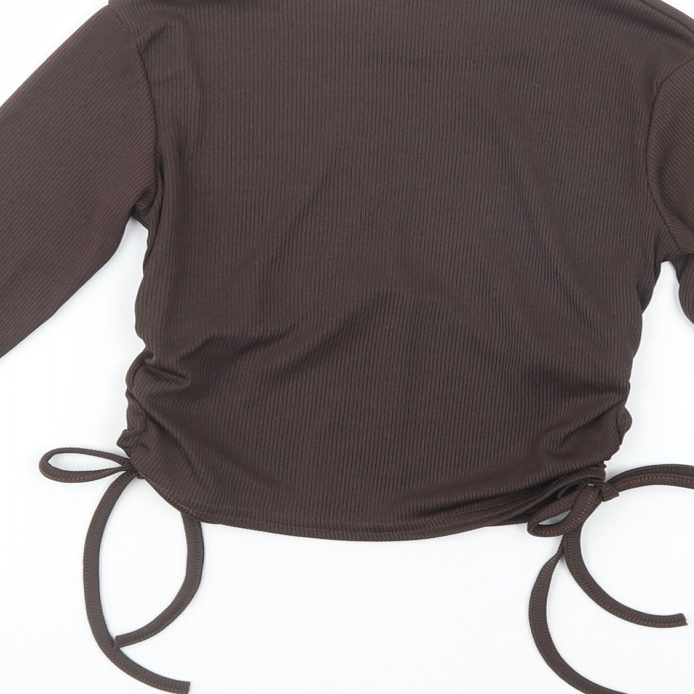 PRETTYLITTLETHING Womens Brown  Polyester Cropped Blouse Size 8 Crew Neck - Ruched