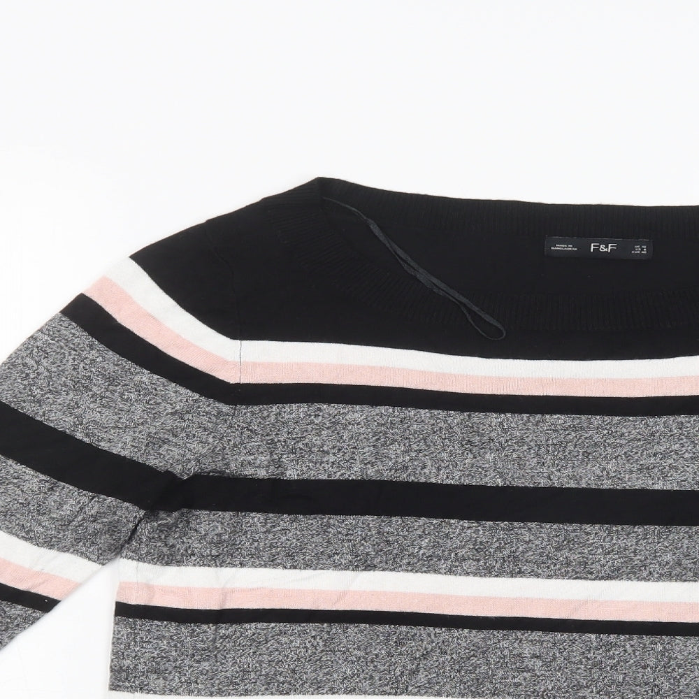 F&F Womens Black Boat Neck Striped Viscose Pullover Jumper Size 12