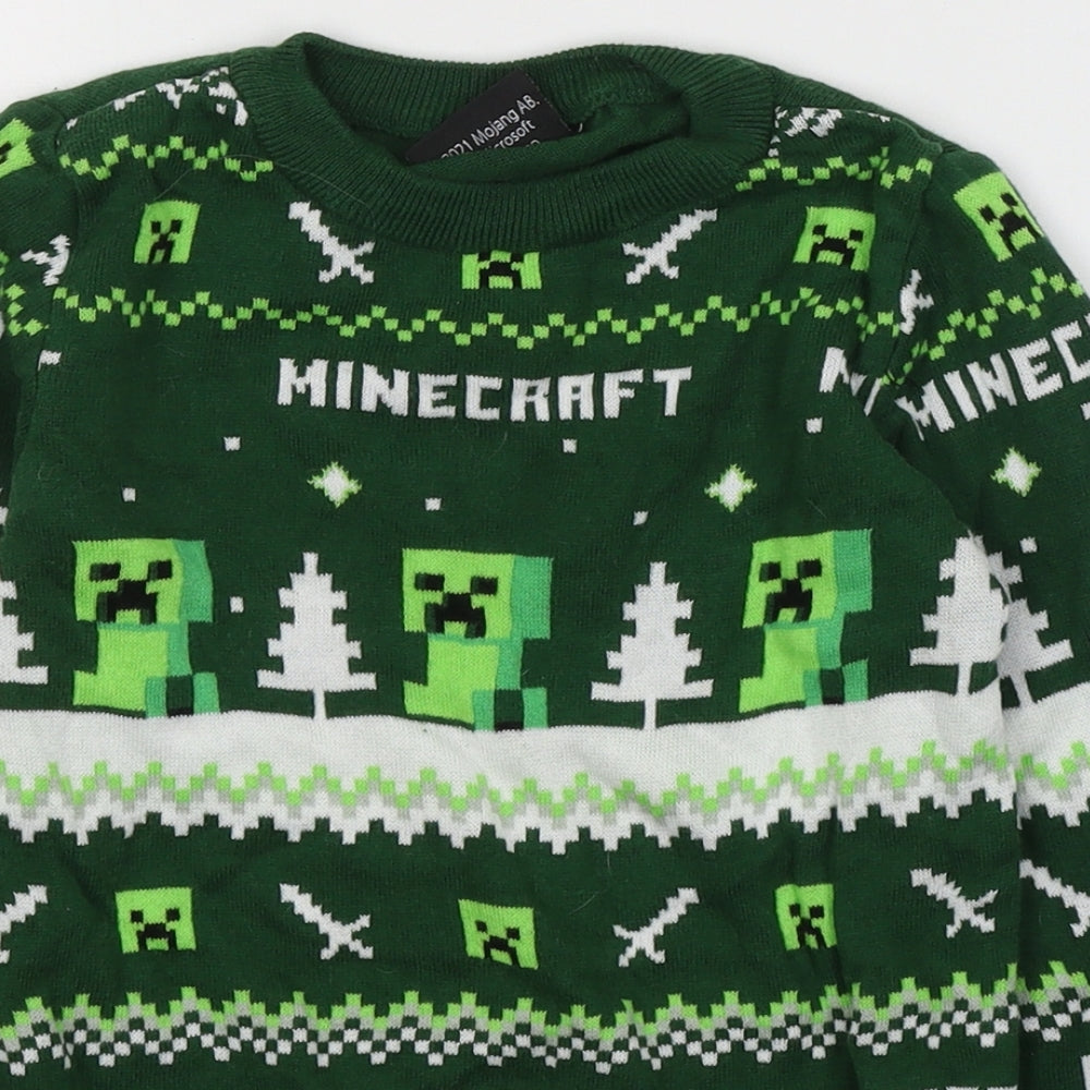 Mojang Boys Green Geometric Cotton Jersey Casual Size 6-7 Years Round Neck Pullover - Christmas jumper Minecraft