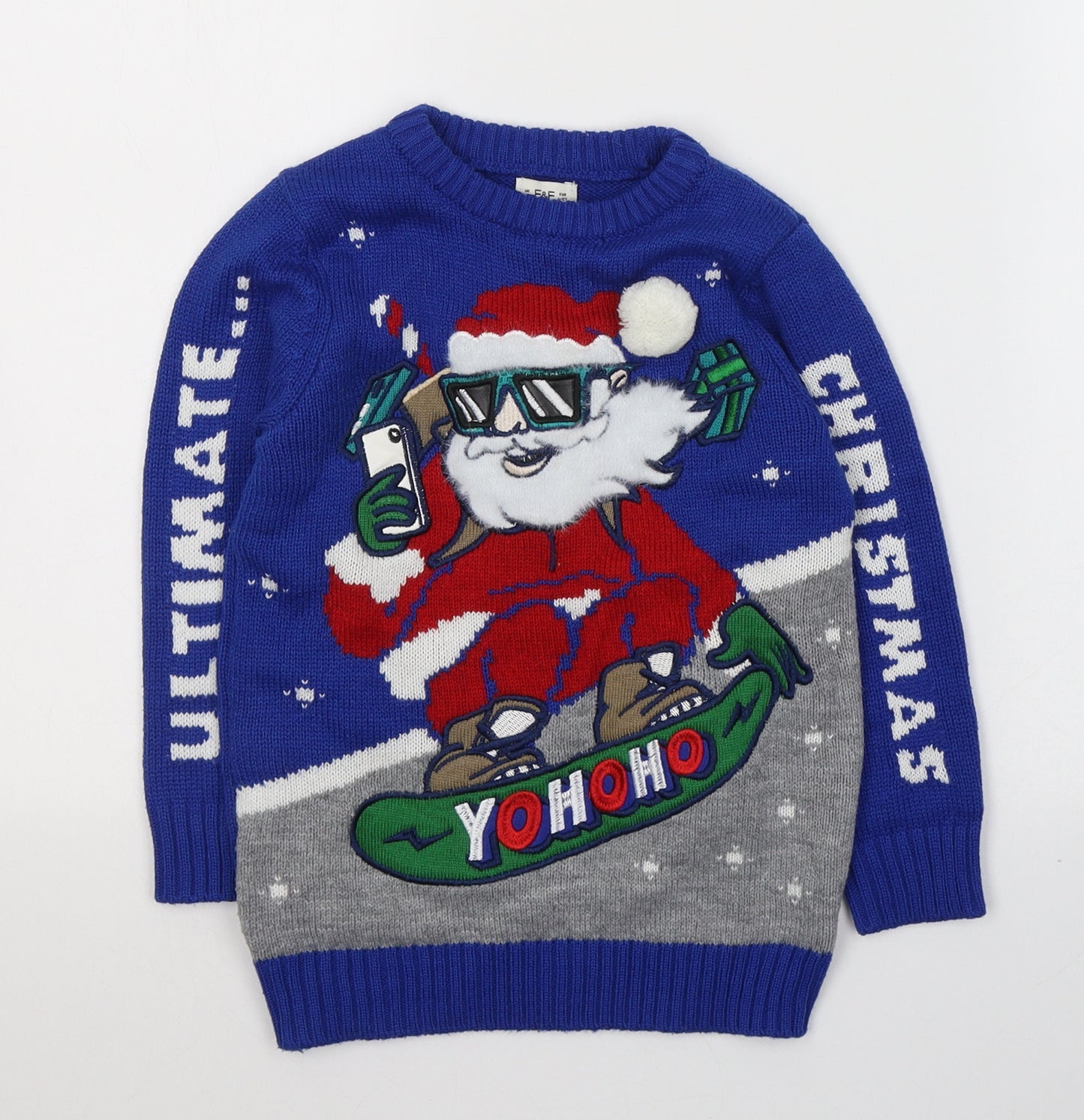 F&F Boys Blue Round Neck  Acrylic Pullover Jumper Size 4-5 Years  Pullover - Santa Christmas Jumper