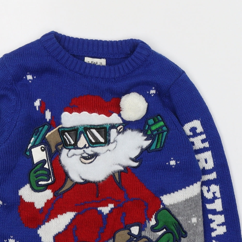 F&F Boys Blue Round Neck  Acrylic Pullover Jumper Size 4-5 Years  Pullover - Santa Christmas Jumper