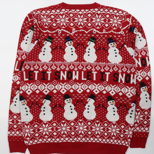 George Mens Red Round Neck Geometric Acrylic Pullover Jumper Size M   - Let it snow Christmas Jumoer