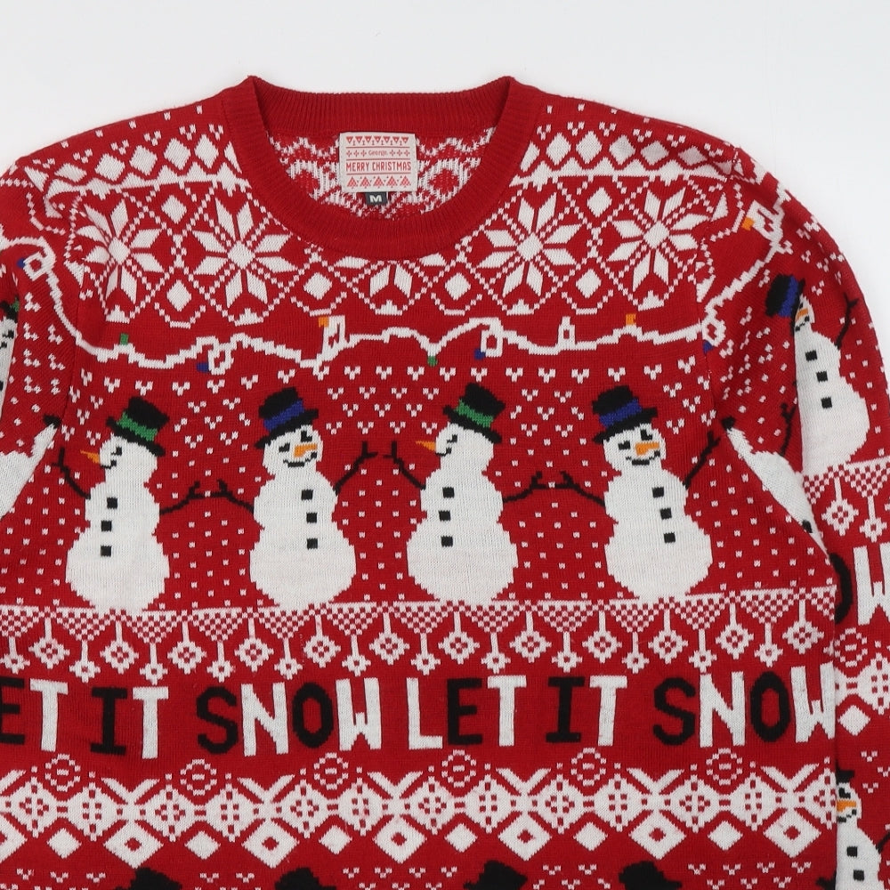 George Mens Red Round Neck Geometric Acrylic Pullover Jumper Size M   - Let it snow Christmas Jumoer