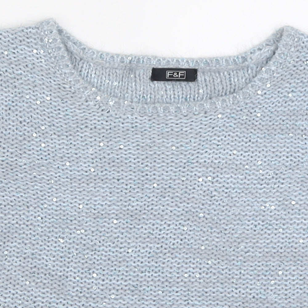 F&F Womens Blue  Acrylic Basic T-Shirt Size 8 Crew Neck