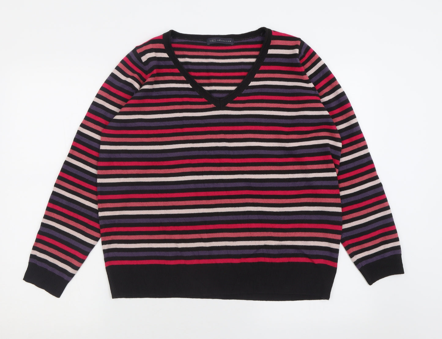 Marks and Spencer Womens Pink V-Neck Striped Acrylic Pullover Jumper Size 18