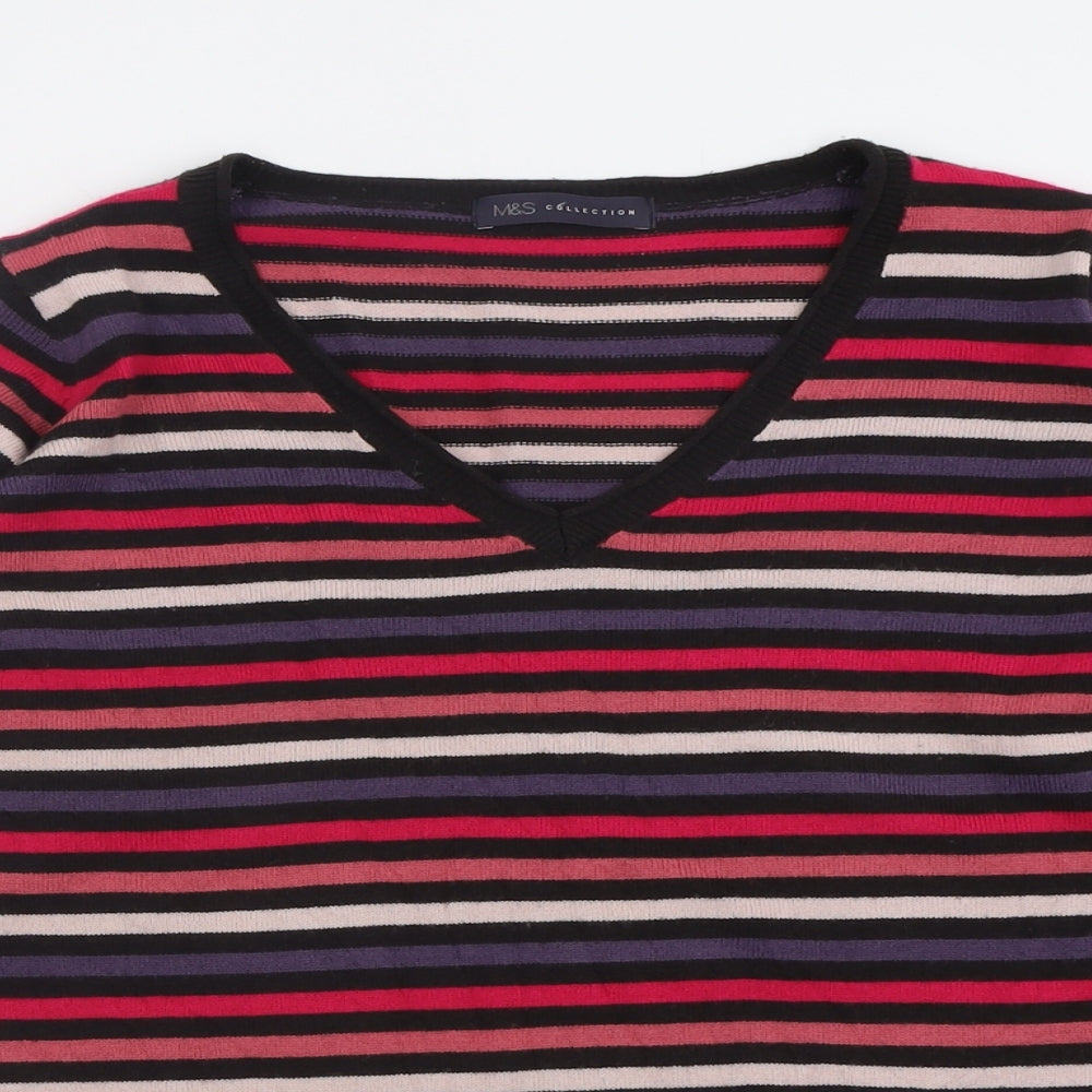 Marks and Spencer Womens Pink V-Neck Striped Acrylic Pullover Jumper Size 18