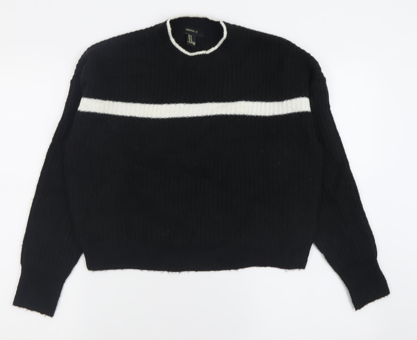 FOREVER 21 Womens Black Crew Neck Striped Polyester Pullover Jumper Size M