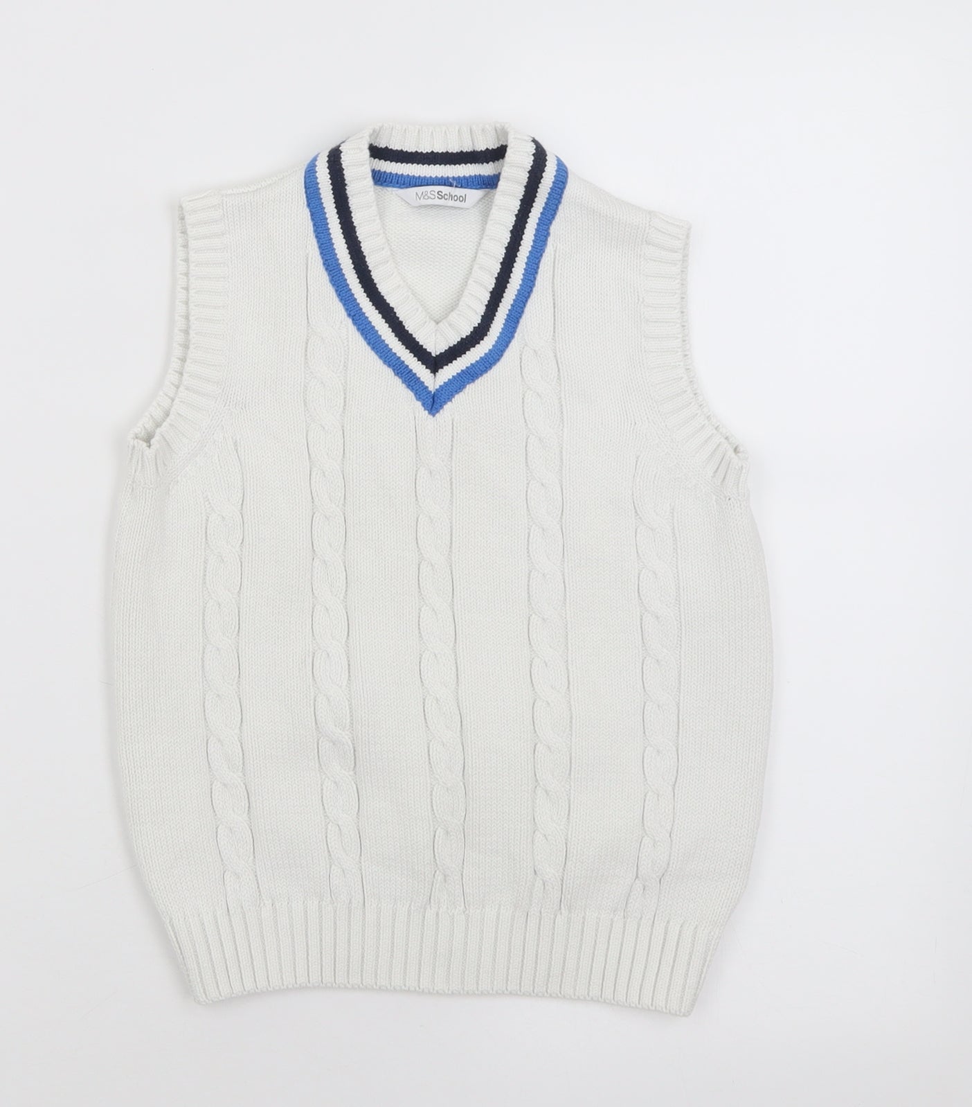 Marks and Spencer Boys White V-Neck  Cotton Vest Jumper Size 9-10 Years  Pullover - School Wear