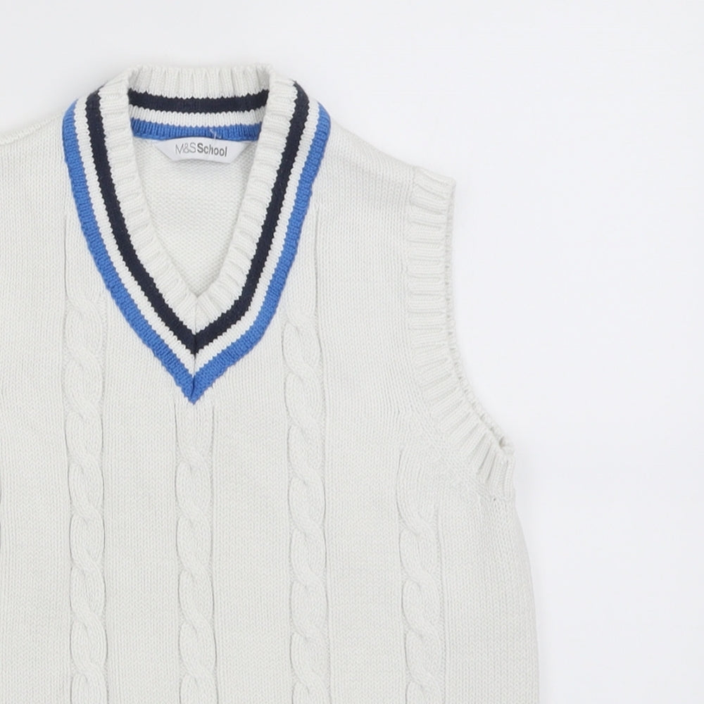 Marks and Spencer Boys White V-Neck  Cotton Vest Jumper Size 9-10 Years  Pullover - School Wear