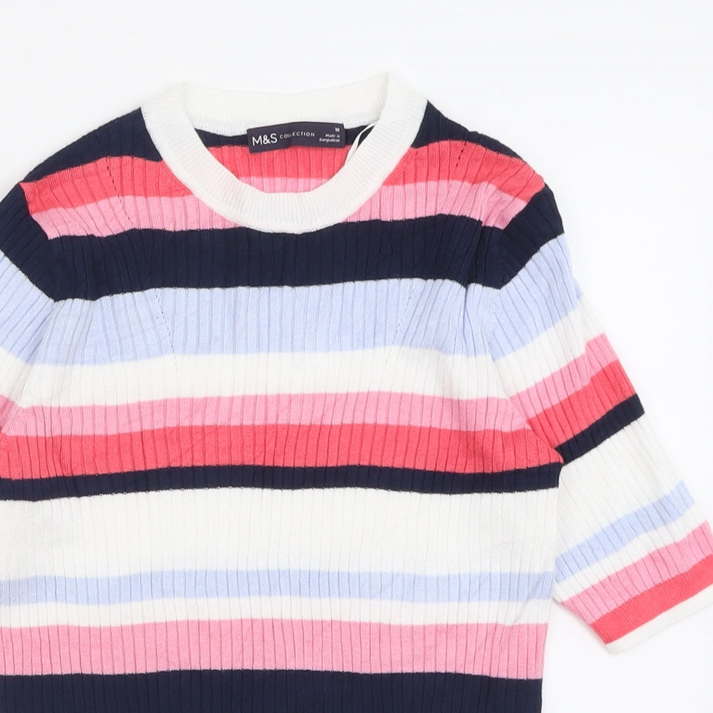 Marks and Spencer Womens Pink Crew Neck Striped Viscose Pullover Jumper Size 10