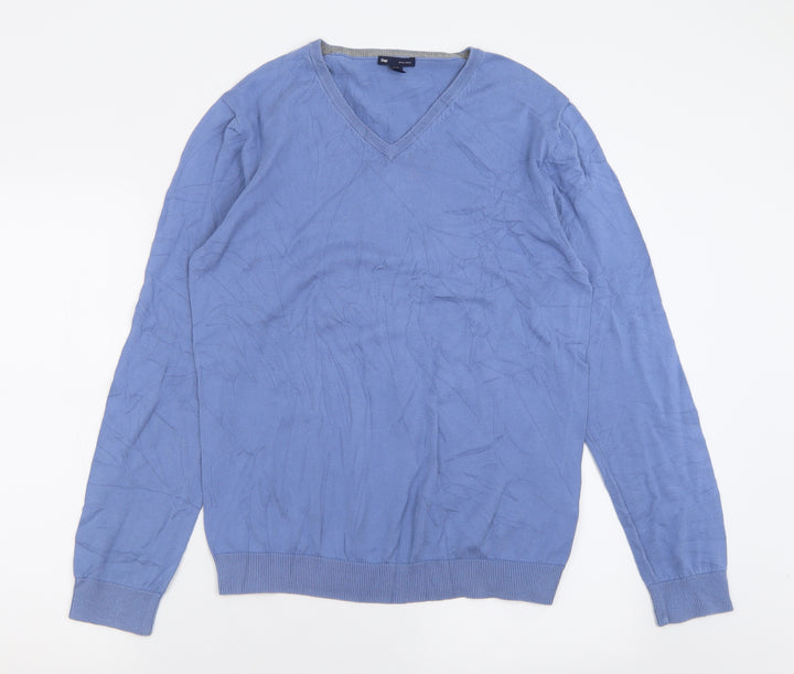 Gap Mens Blue V-Neck Cotton Pullover Jumper Size L