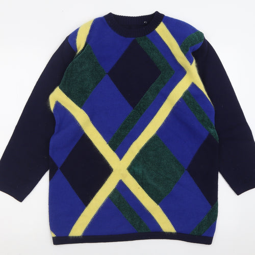 Preworn Womens Blue Crew Neck Argyle/Diamond Wool Pullover Jumper Size 10