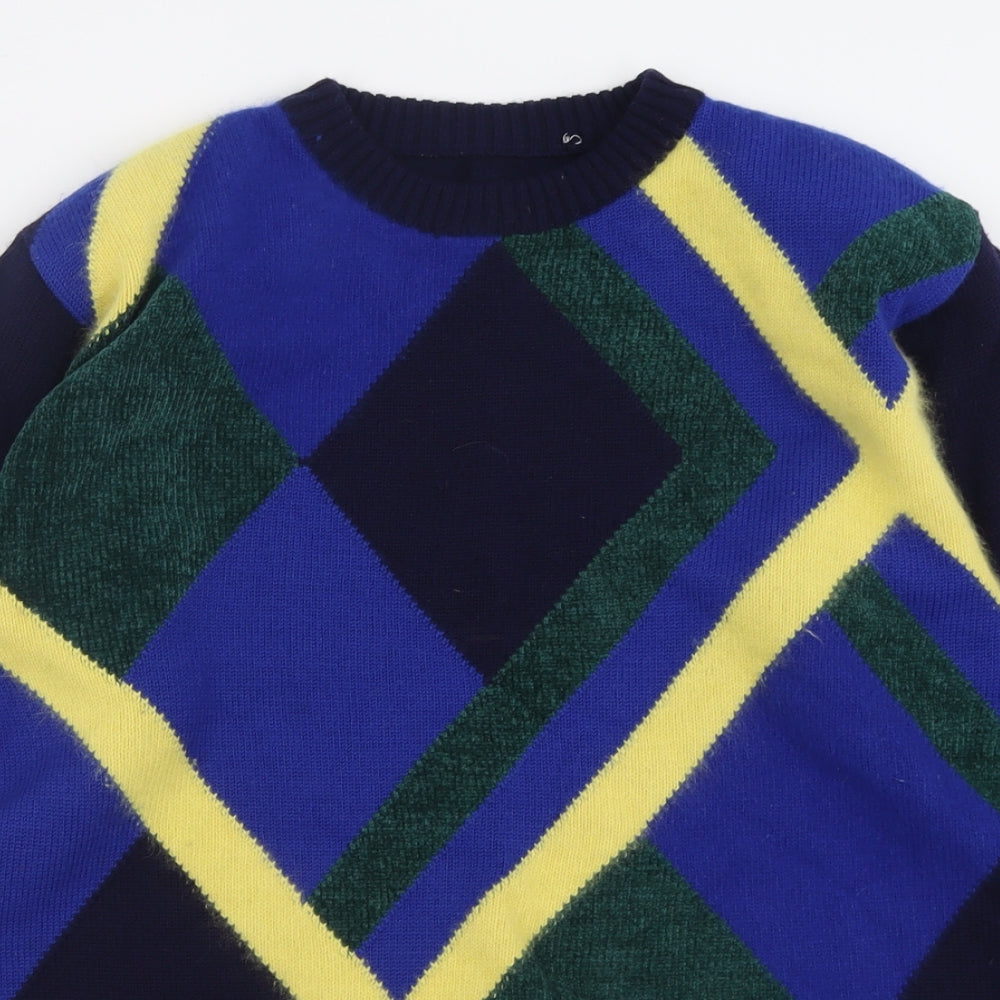 Preworn Womens Blue Crew Neck Argyle/Diamond Wool Pullover Jumper Size 10