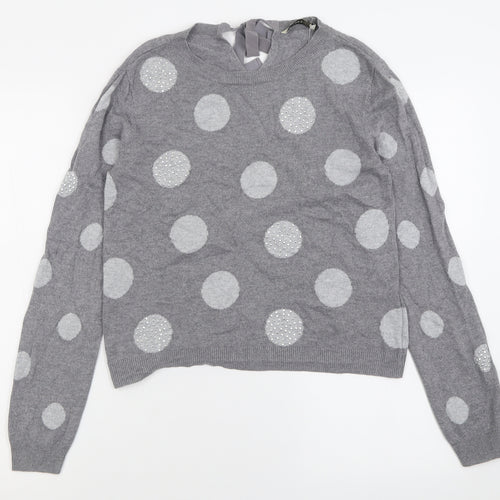 Oasis Womens Grey Crew Neck Polka Dot Cotton Pullover Jumper Size M