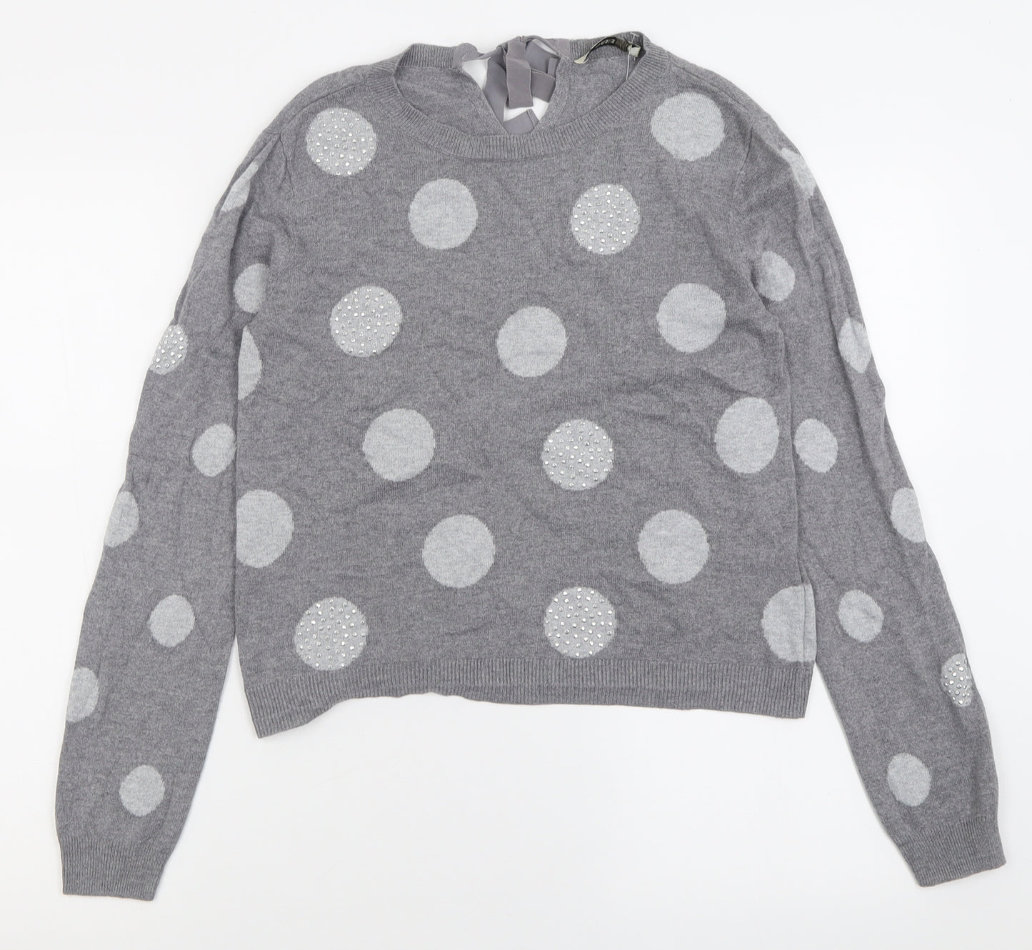 Oasis Womens Grey Crew Neck Polka Dot Cotton Pullover Jumper Size M