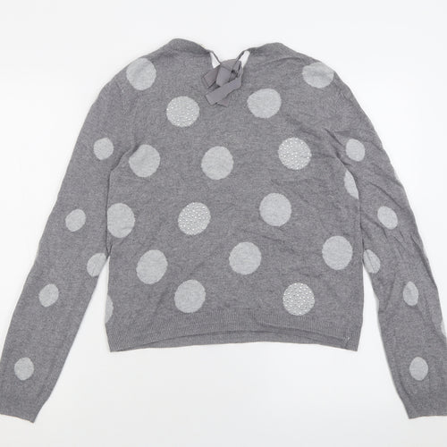 Oasis Womens Grey Crew Neck Polka Dot Cotton Pullover Jumper Size M