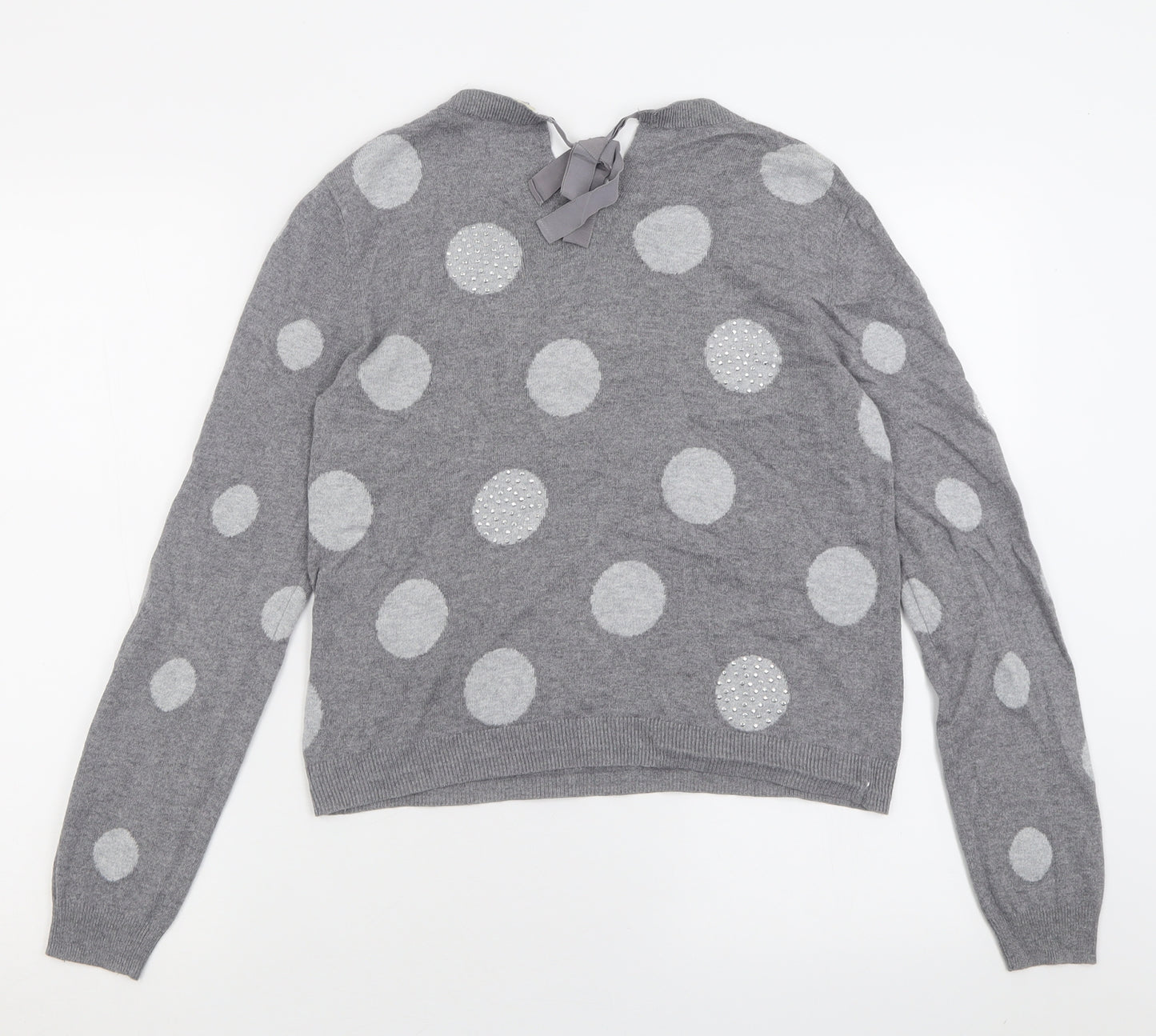 Oasis Womens Grey Crew Neck Polka Dot Cotton Pullover Jumper Size M