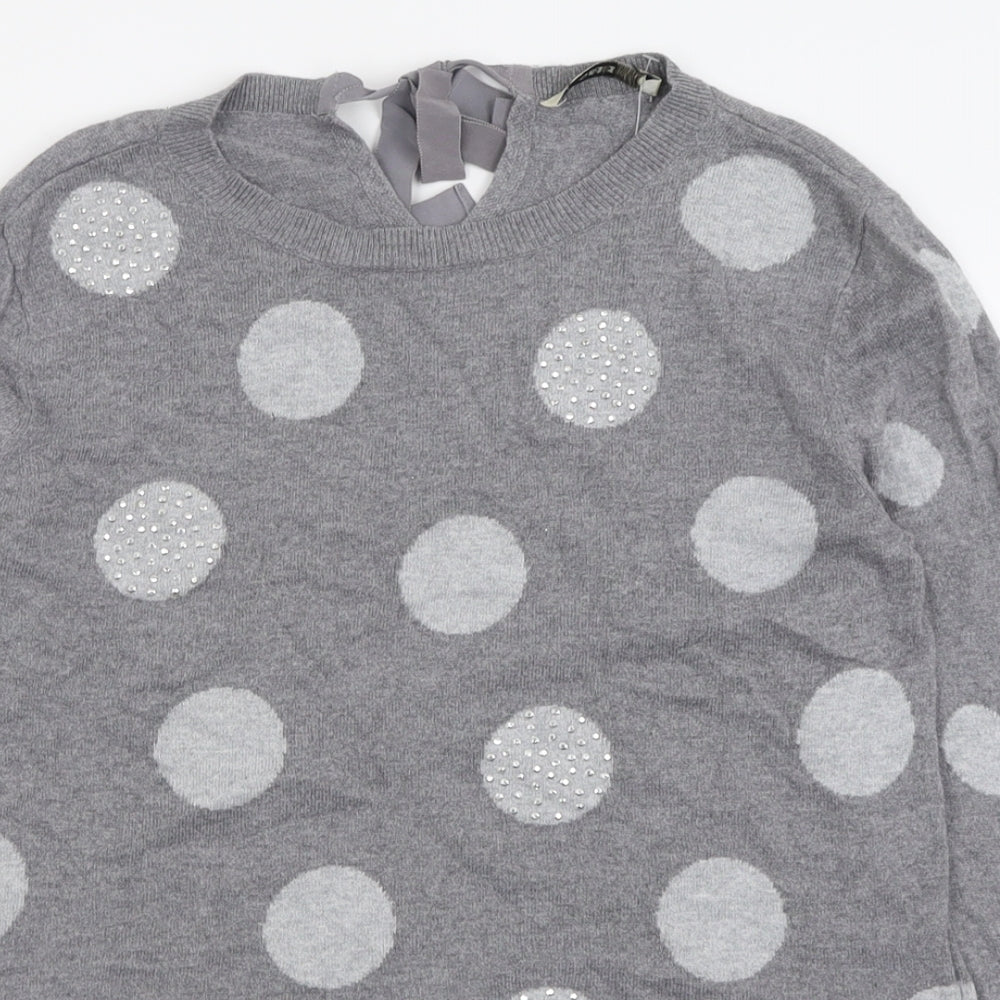 Oasis Womens Grey Crew Neck Polka Dot Cotton Pullover Jumper Size M