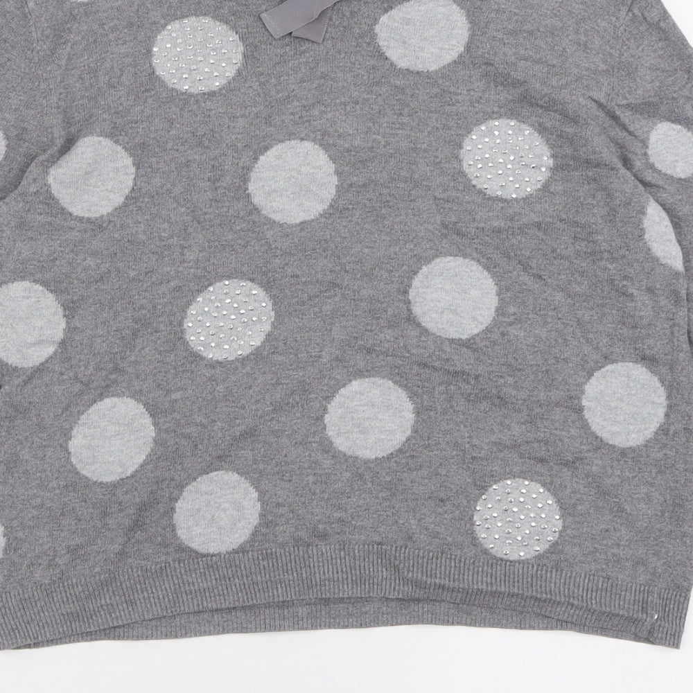 Oasis Womens Grey Crew Neck Polka Dot Cotton Pullover Jumper Size M