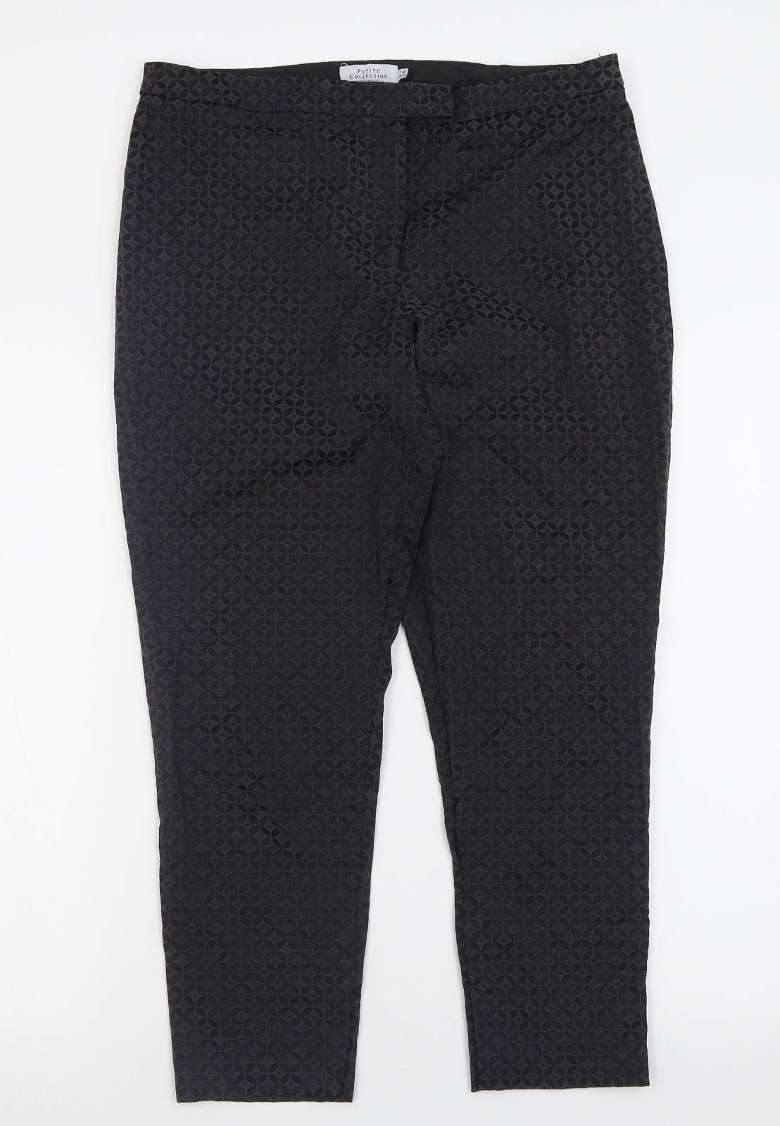 Debenhams Womens Black Geometric Cotton Trousers  Size 14 L26 in Regular Hook & Eye