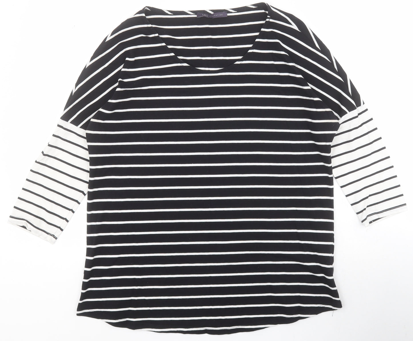 Marks and Spencer Womens Black Striped 100% Cotton Basic Polo Size 14 Round Neck