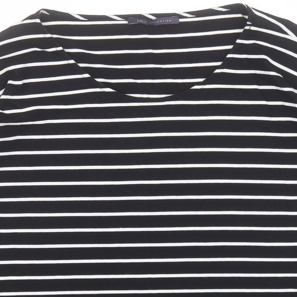 Marks and Spencer Womens Black Striped 100% Cotton Basic Polo Size 14 Round Neck