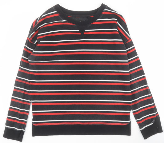 Front view of Next women’s black striped 100% cotton pullover sweatshirt, size UK 12, pullover