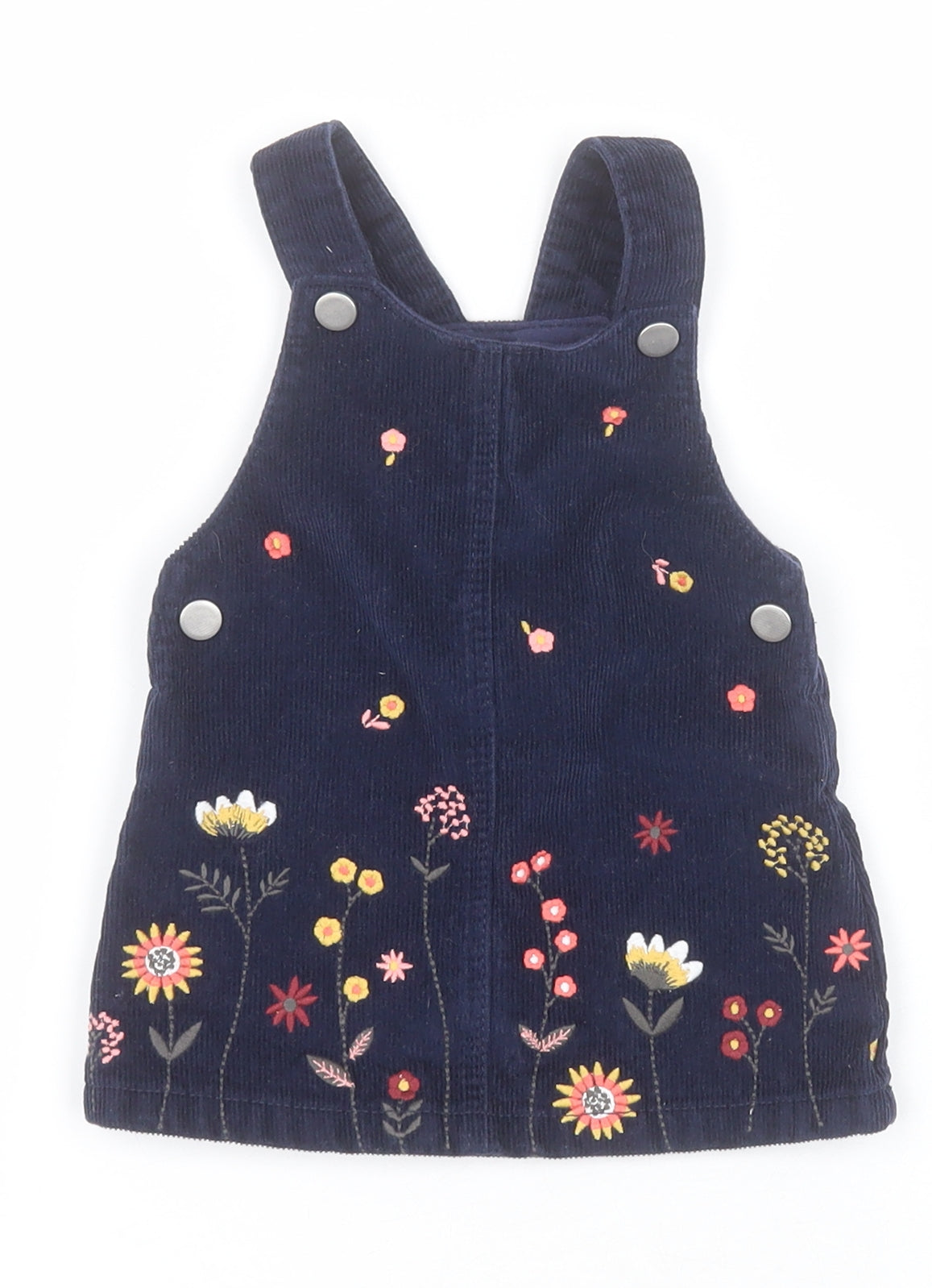 F&F Baby Blue  100% Cotton Pinafore/Dungaree Dress  Size 3-6 Months  Square Neck Button - Flowers