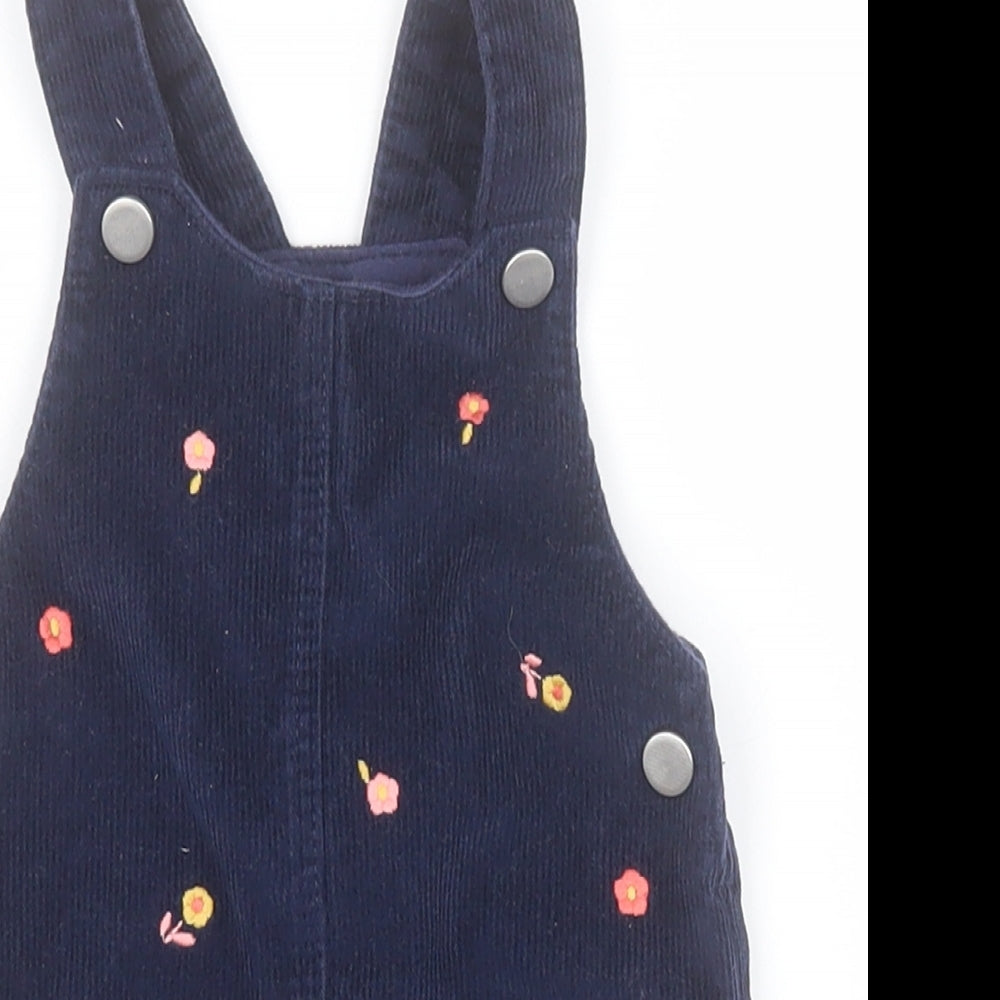 F&F Baby Blue  100% Cotton Pinafore/Dungaree Dress  Size 3-6 Months  Square Neck Button - Flowers