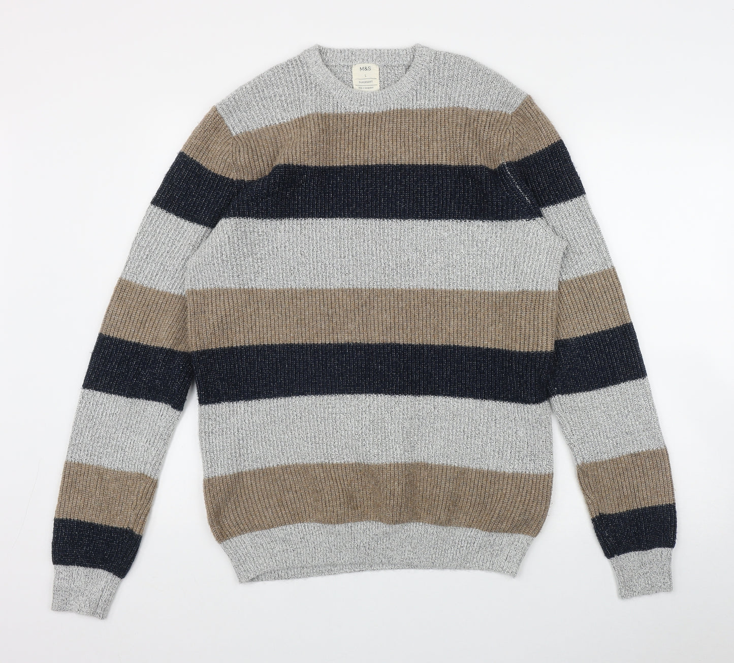 Marks and Spencer Mens Grey Round Neck Striped Polyamide Pullover Jumper Size L