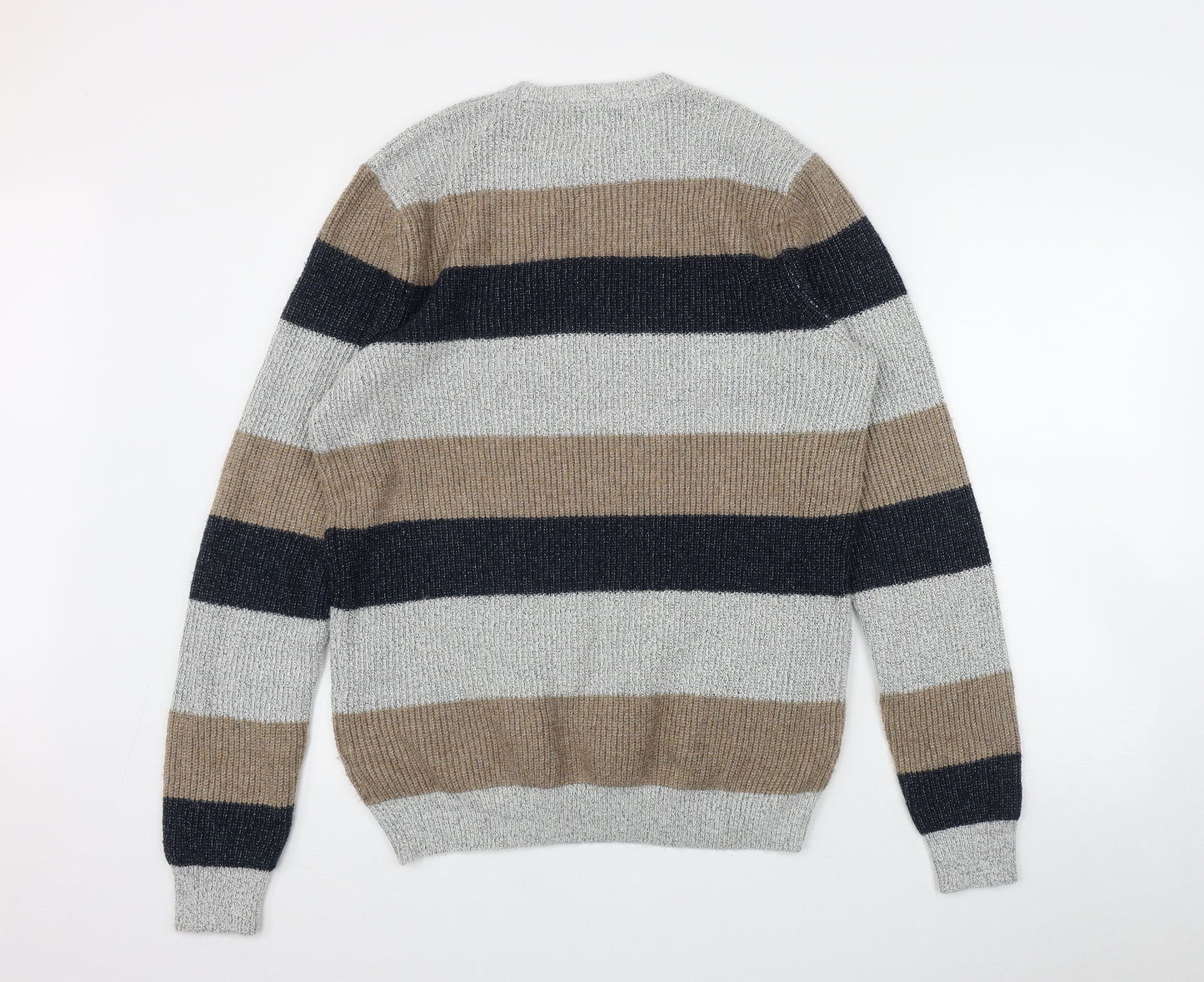 Marks and Spencer Mens Grey Round Neck Striped Polyamide Pullover Jumper Size L