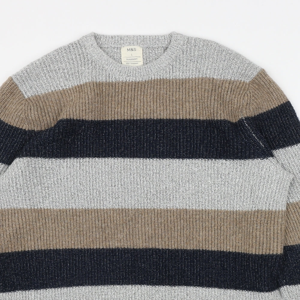 Marks and Spencer Mens Grey Round Neck Striped Polyamide Pullover Jumper Size L