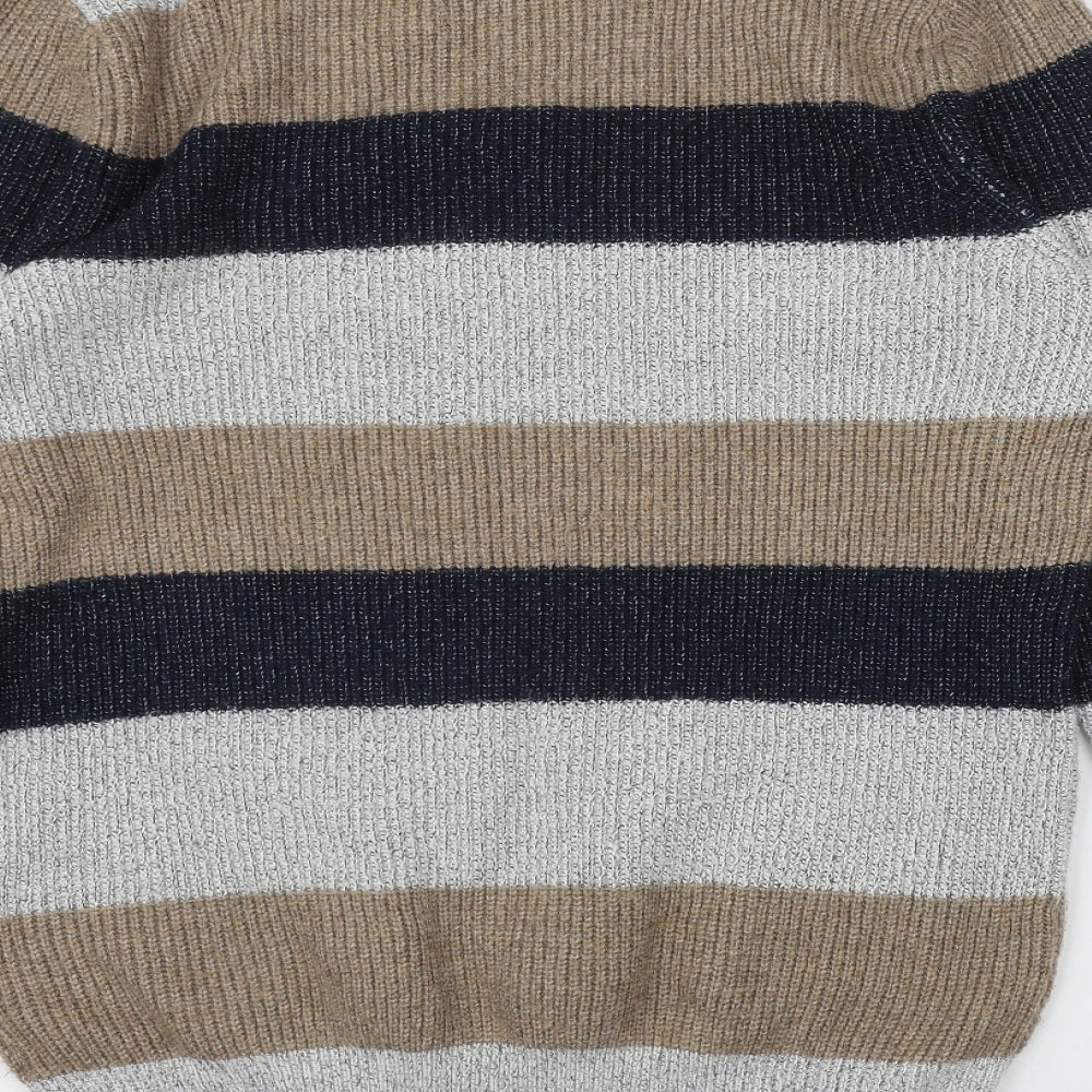 Marks and Spencer Mens Grey Round Neck Striped Polyamide Pullover Jumper Size L