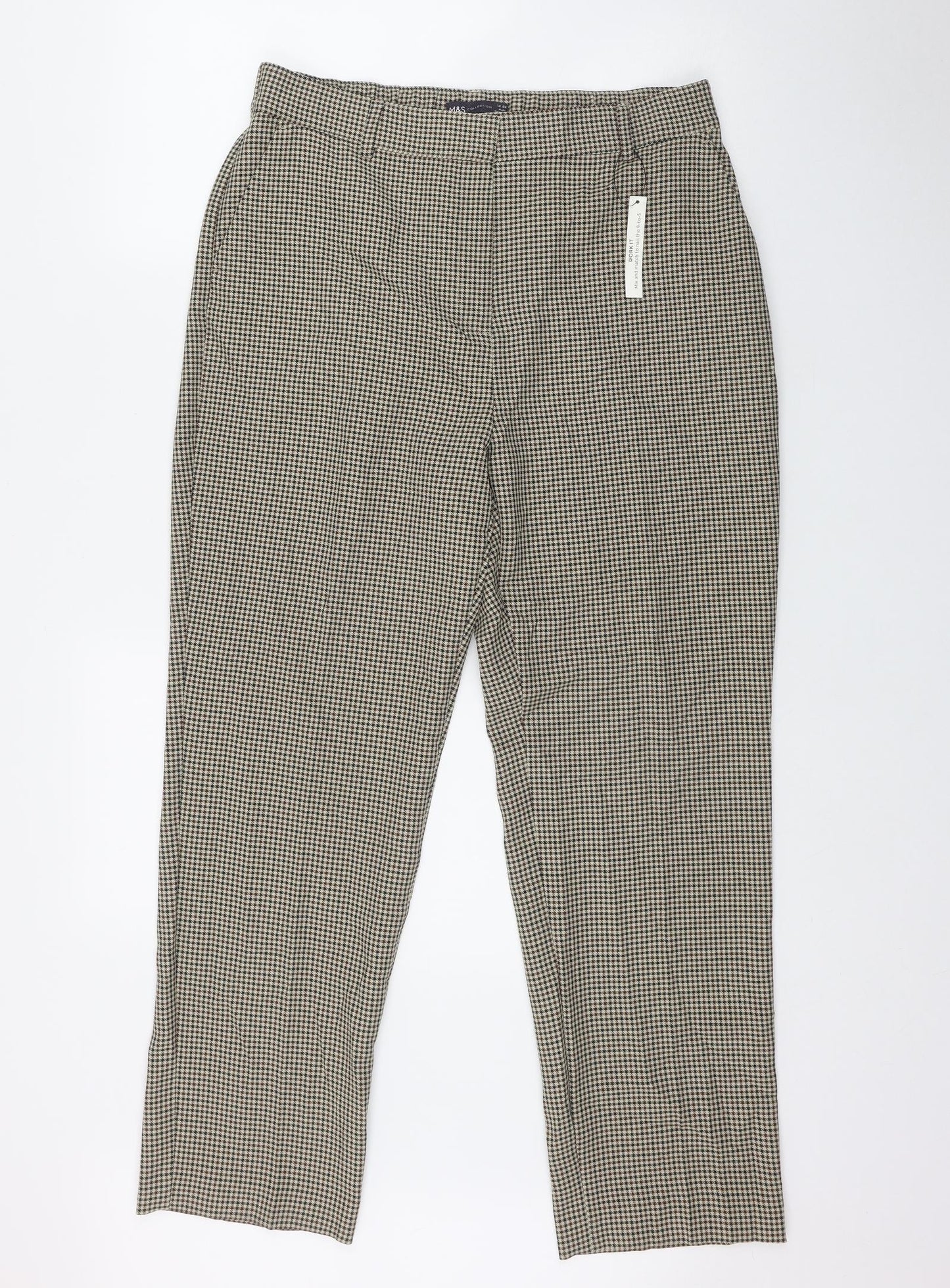 Marks and Spencer Womens Beige Houndstooth Polyester Trousers  Size 14 L28.5 in Regular Zip
