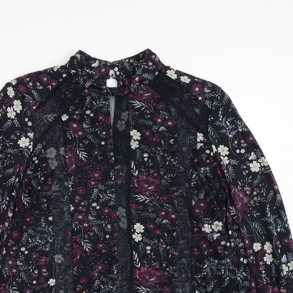 NEXT Womens Purple Floral Polyester Basic Blouse Size 12 Crew Neck - Tie